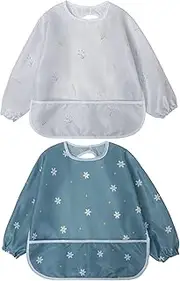 Little Dimsum Baby Bib | Full Sleeved Feeding Bib 2 Pack, Infant & Toddler Waterproof Bib Apron,Food Protection Large Pocket Eating Smock 6-36 Months Flower Sets
