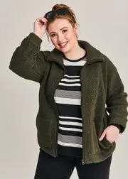 [Taking Shape] Taking Shape Teddy Zip Through Jacket Size 16 in Olive - Plus Size Women's Clothing Olive