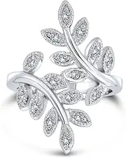 [Bling Jewelry] Nature Ivy Vine Leaf Fashion Statement Ring For Women Cubic Zirconia Pave CZ Bypass Silver Plated Brass
