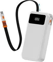 LUCKYDUO Power Bank 10000mAh with Built-in 70 CM Retractable Cable, Travel Essentials Portable Charger, Fast Charging Battery Pack LED Display, Compatible with iPhone 16/15/Pro, Samsung,USB C Phone