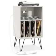 Costway Record Player Stand Turnable w/Charging Station & Dividers Nightstand Bedside Table Storage Cabinet