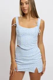 Blue Check Mini Skirt High Rise Split - Size 16XL, Women's Mini Skirt