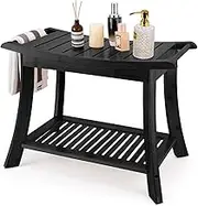 VVW Bamboo Shower Bench & Stool with Storage Shelf, Bath Benches for Inside Shower, Bathroom Stools 2-Tier Spa Seat for Adults Elderly (Black)