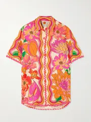 [Farm Rio] Farm Rio - Spring Affair Floral-print Linen-blend Shirt - Orange - small small Orange