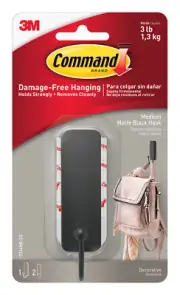 Command 17034MB-ES Plastic/Metal Black Medium Hook with 1-Strip 3 lbs. Capacity