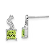Sterling Silver Rhodium Plated Diamond Peridot Square Post Earrings