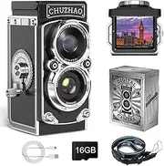 CHUNZHAO Retro Digital Camera, Mini Vintage TLR Camera with Waist-Level Viewfinder, 1080P FHD Video 12MP Autofocus Vlogging Cameras with Black & White Filter 16GB Card for Beginners Adults Teens Kids