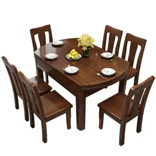 楓林宜居 方圓兩用實木餐桌椅組合現代簡約小戶型胡桃木圓桌可伸縮折疊餐桌