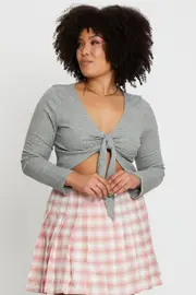 Grey Short Sleeve Tie Front Top