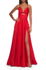 La Femme Satin A-Line Gown with Cut Out and Twist Bodice in Neon in Hot Coral at Nordstrom, Size 2