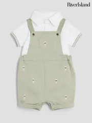 River Island Beige Bear Dungaree Shorts Set (F97511) | $60