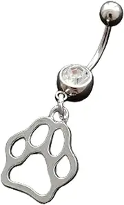 [Generic] Cute Cat Paw Belly Button Ring, Simply Surgical Stainless Steel 14G Navel Barbell Ring with Dangle Pendant, Paw Print Piercing Body Jewelry