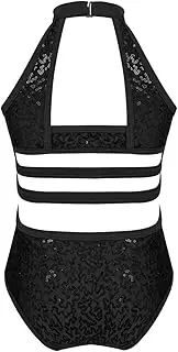 [Yruioon] Girls Shiny Sequins Halter Straps Waist One Piece Gymnastics Leotard Ballet Dance Bodysuit Top