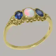 Solid 18k Yellow Gold Natural Opal & Sapphire Womens Trilogy Ring