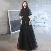 在飛比找蝦皮購物優惠-女士黑色晚禮服 學生藝考聲樂仙氣表演服 年會主持人緊身顯瘦晚