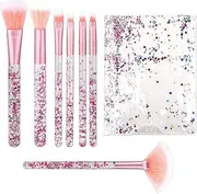 7 PCS Makeup Brushes, Crystal Sparkles Cute Fan Blush Foundation Powder Lip Highlight Eye Shadow Eyebrow Concealers Brush Set with Sequins Handle Professional Make up Blending Brush Pack for Girls