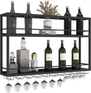 Industrial Wall Mounted Wine Rack, 2-Tier Wood Wine Bottle Shelf with Stemware R