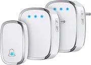YYQ Wireless Outdoor Doorbell Waterproof IP44 with Range 300 m, LED Display, 1 Button Transmitter and 2 Receivers with Plugs Without Battery, 5 Adjustable Volume, 36 Ringtones