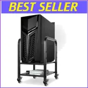 Height Adjustable 2-Tier Rolling Computer Tower Stand - Black Steel CPU Holder