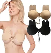 Self Adhesive Invisible Bra, Womdee Women's Breathable Sticky Rabbit Bra Strapless Backless Push up Bra Drawstring Nippleless Bra for Party Wedding Dress, Reusable & Washable