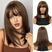 Creamily Shoulder Length Dark Brown Straight Bob Wigs with Bangs Synthetic Medium Length Bob Hair Wig Halloween Costume Wigs for Women (14 Inches, Dark Brown)