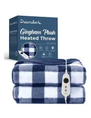 [Dreamaker] Gingham Plush Reversible Electric Heated Throw Blanket in Midnight Blue