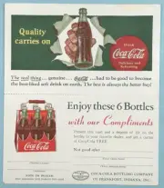 Vintage Coca Cola Quality Carries On Enjoy these 6 Bottle Promotional Card