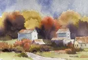 Pamela Wilhelm Original Loose Watercolor 5”x7” Apple Tree Red Barn Road Clouds