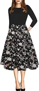 [oxiuly] Women's Vintage Patchwork Pockets Puffy Swing Casual Party Dress OX165