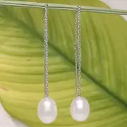 14kt White Solid Gold Threader Chain White Raindrop Cultured Pearl Earrings- TPJ