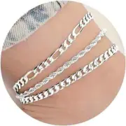 3PC 925 STERLING SILVER PLATED FIGARO CUBAN ROPE CHAIN 10" ANKLET BRACELET GIFT