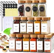 Set of 24 Glass Spice Jars with Various Labels, Bamboo Shaker Lids & Funnel, ...
