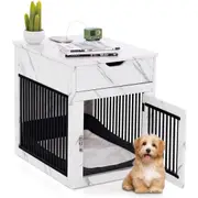 Costway Wood Dog Crate Pet Kennel Puppy House Nightstand w/Wired Wireless Charging Station Drawer White