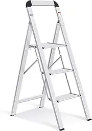 [KINGRACK] 3 Step Ladder with Handrail, Aluminium Folding Step Stool Portable, Non-Slip Household Stepladder with Wide Platform for Kitchen Pantry Closets Home Office, Maximum Load 150 kg, Silver