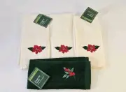 Vintage Christmas Fingertip Towels 4 Lot Poinsettia & Holly Embroidered Cotton
