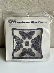 NEW Blue Butterflies Needlepoint Pillow Kit Columbia Minerva Vintage 1978