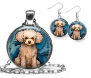 Poodle Puppy Dog Pendant Necklace & Dangle Earrings Set Furbaby Poodle Mom Gift