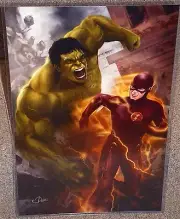 The Incredible Hulk vs The Flash Glossy Art Print 11 x 17 In Hard Plastic Sleeve