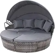 Gardeon Sun Lounge Camping Chair Wicker Folding Day Bed Rattan Lounger, Beach Chairs Sofa Outdoor Furniture Garden Patio Setting Pool Backyard, with Canopy Cushion Pillow Modular Design Grey Set of 4