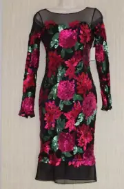 BADGLEY MISCHKA Sequined Floral Sheath Cocktail red green Dress Size 2