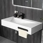 Gesipor 32"x19" Wall Mount Bathroom Vanity with Sink Stone Resin Floating Vanity Sink Rectangular Vessel Sinks for Bathroom White Trough Modern Art Basin
