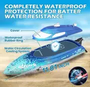 DEERC Full Proportional Remote Control Boat with LED Lights, Shark Graffiti, ...