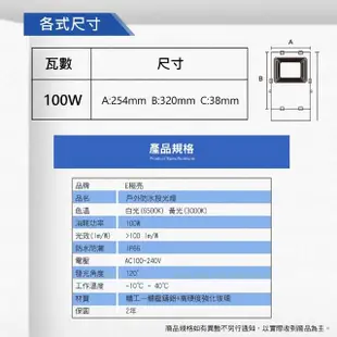 【E極亮】LED 100W 戶外投射燈 防水投光燈 IP66 全電壓 白光 黃光 1入組(LED 100W 投射燈 投光燈)