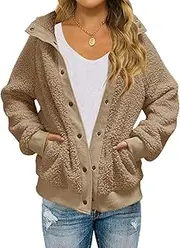 TECREW Womens Winter Sherpa Fleece Button Jacket Coat Loose Long Sleeve Outwear