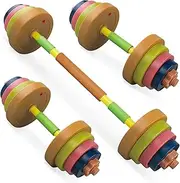 Hitish Kids Exercise Weight Set, 2-In-1 Barbell and Dumbbell Workout Equipment, Toddler Beginner Gym Toy for Pretend Play Lifting Exercise & Fitness, Adjustable Fill with Sand or Water