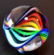 FRITZ LAUENSTEIN GLASS MARBLE/1.595"-PERFECT TWIST RAINBOW-MAGENTA,LIME,ICE BLUE