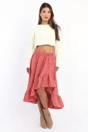 Red Check Asymmetric Midi Skirt Elastic Waist Frill Hem - Size 14L, Women's Midi Skirt