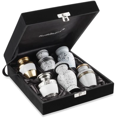 Mini Keepsake Cremation Urns for Human Ashes, Set of 6 Silver and Gold with Case