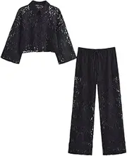 [Generic] Women's Lace Pants Set, Women's Loose Shirt Top, Women's Casual Straight Leg Pants, Women's Two-Piece Set