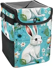 Car Trash Can with Lid and Storage Pockets Leak-Proof Organizer,Waterproof Garbage Can,Floral Egg Easter Bunnies Chicks